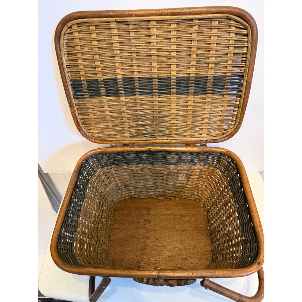 Vintage Woven Wicker Picnic Basket Two Tone Brown Hinged Lid Wood Base Handles